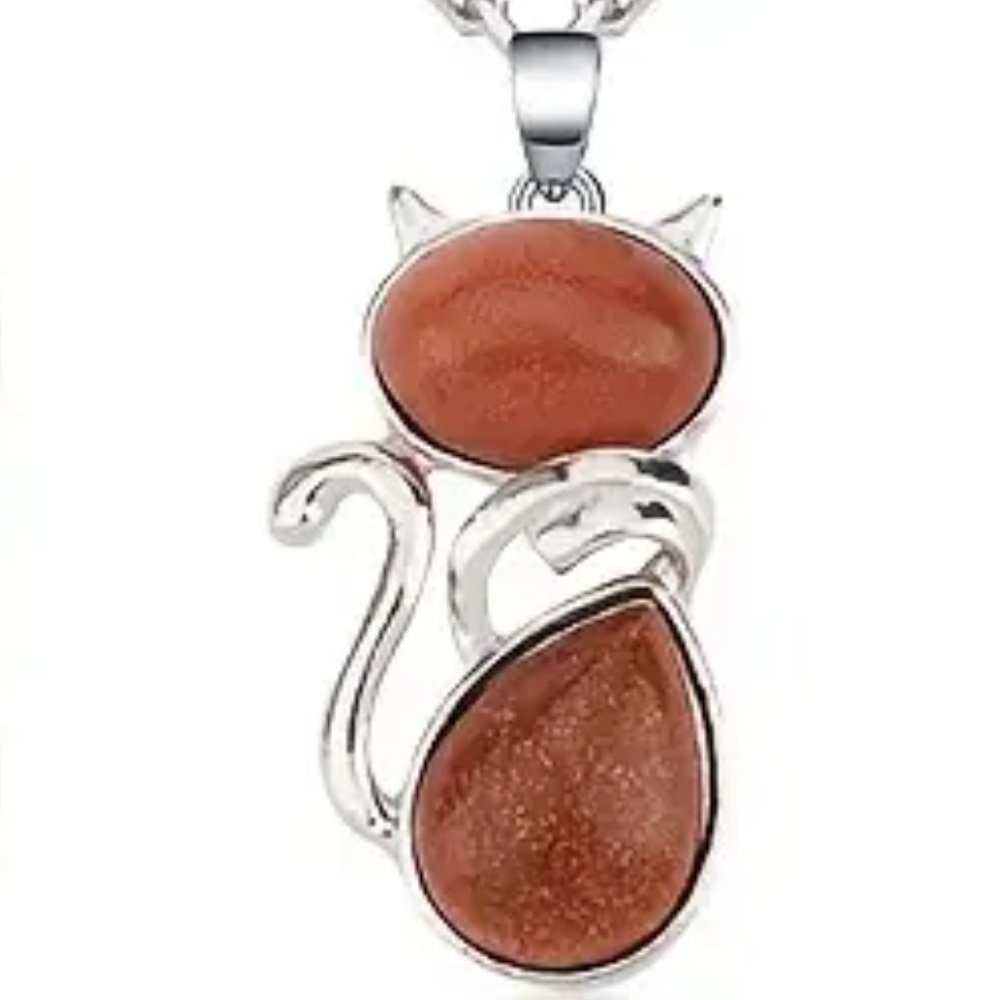 Gold Sandstone Natural Stone Cute Cat Pendant Necklace - Picture 1 of 2